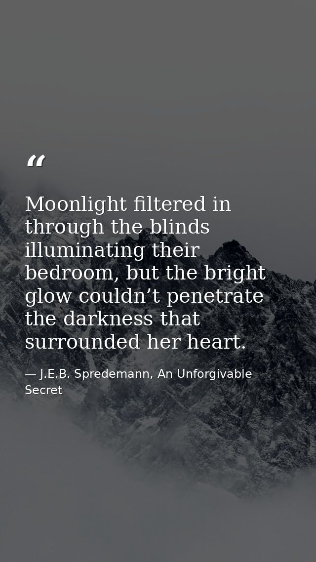 Moonlight filtered in through the blinds illuminating their bedroom, but the bright glow couldn’t penetrate the darkness — J.E.B. Spredemann, An Unforgivable Secret