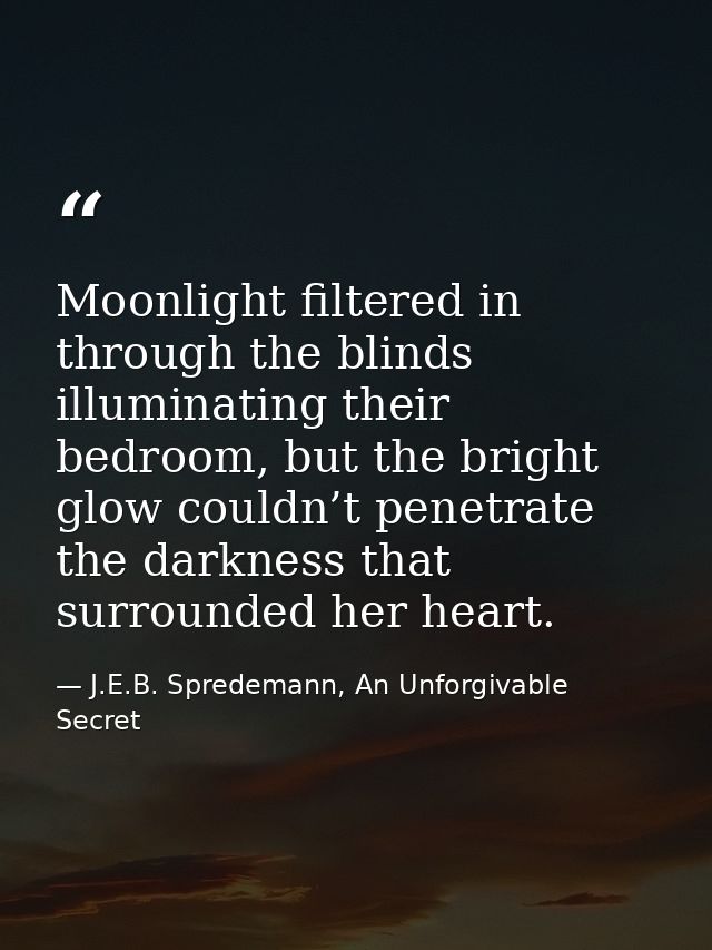 Moonlight filtered in through the blinds illuminating their bedroom, but the bright glow couldn’t penetrate the darkness — J.E.B. Spredemann, An Unforgivable Secret