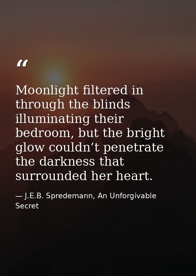Moonlight filtered in through the blinds illuminating their bedroom, but the bright glow couldn’t penetrate the darkness — J.E.B. Spredemann, An Unforgivable Secret
