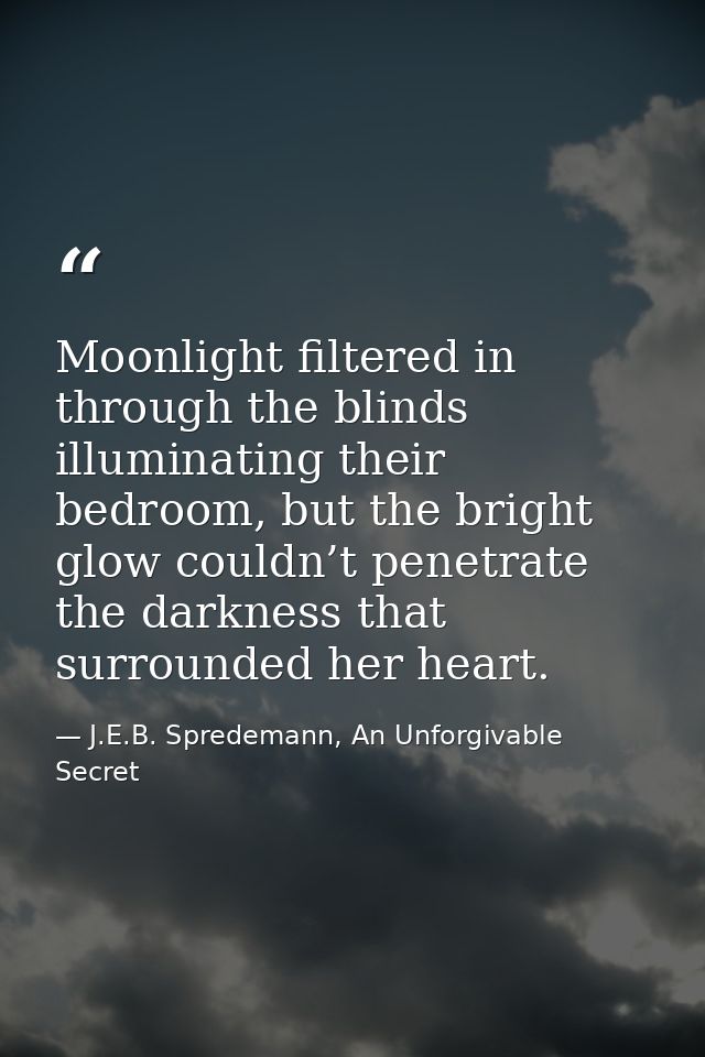 Moonlight filtered in through the blinds illuminating their bedroom, but the bright glow couldn’t penetrate the darkness — J.E.B. Spredemann, An Unforgivable Secret