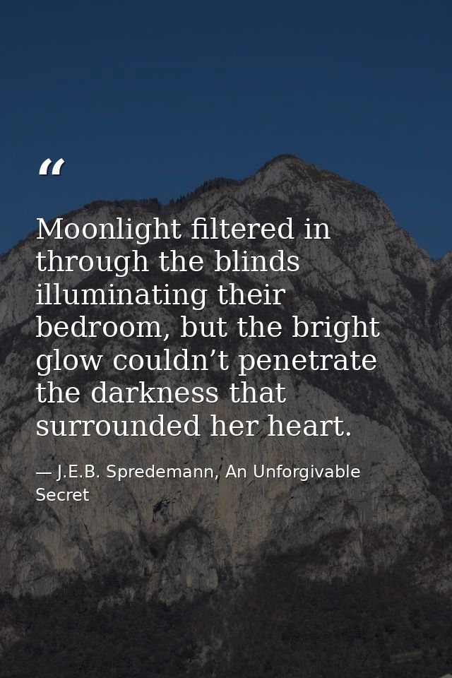 Moonlight filtered in through the blinds illuminating their bedroom, but the bright glow couldn’t penetrate the darkness — J.E.B. Spredemann, An Unforgivable Secret