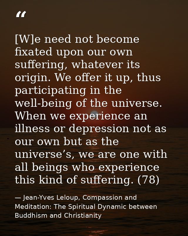 [W]e need not become fixated upon our own suffering, whatever its origin. We offer it up, thus participating in the well — Jean-Yves Leloup, Compassion and Meditation: The Spiritual Dynamic between Buddhism and Christianity