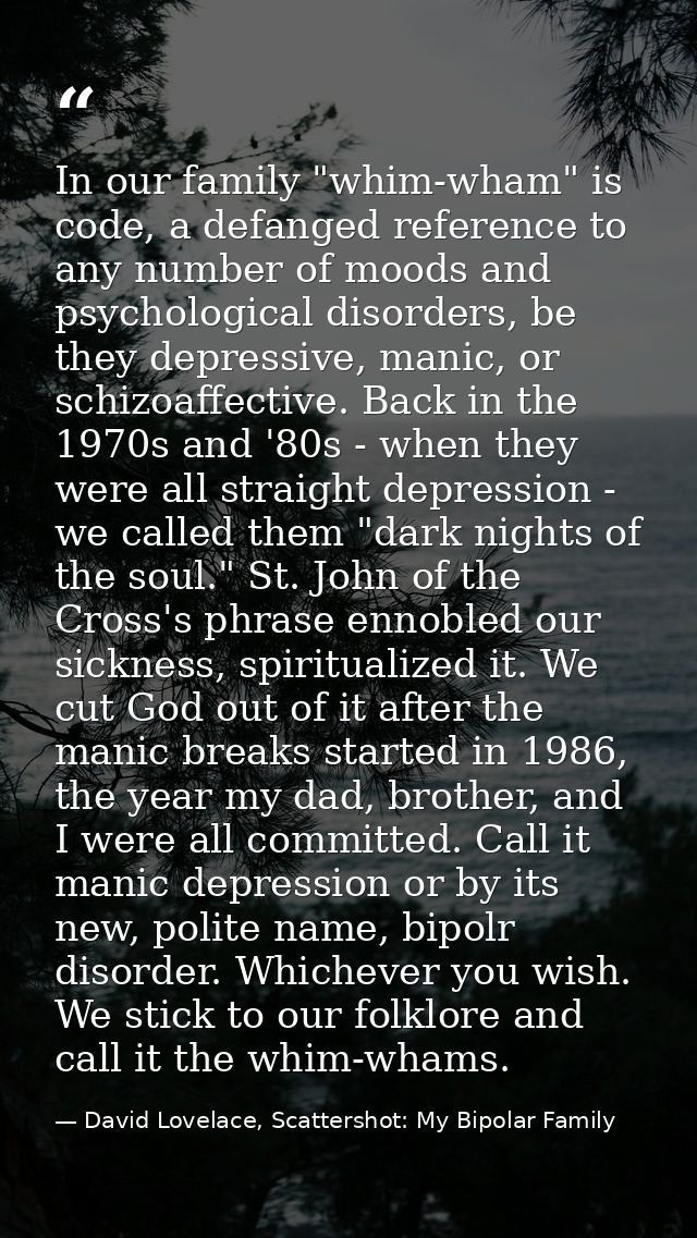 In our family "whim-wham" is code, a defanged reference to any number of moods and psychological disorders, be they depr — David Lovelace, Scattershot: My Bipolar Family