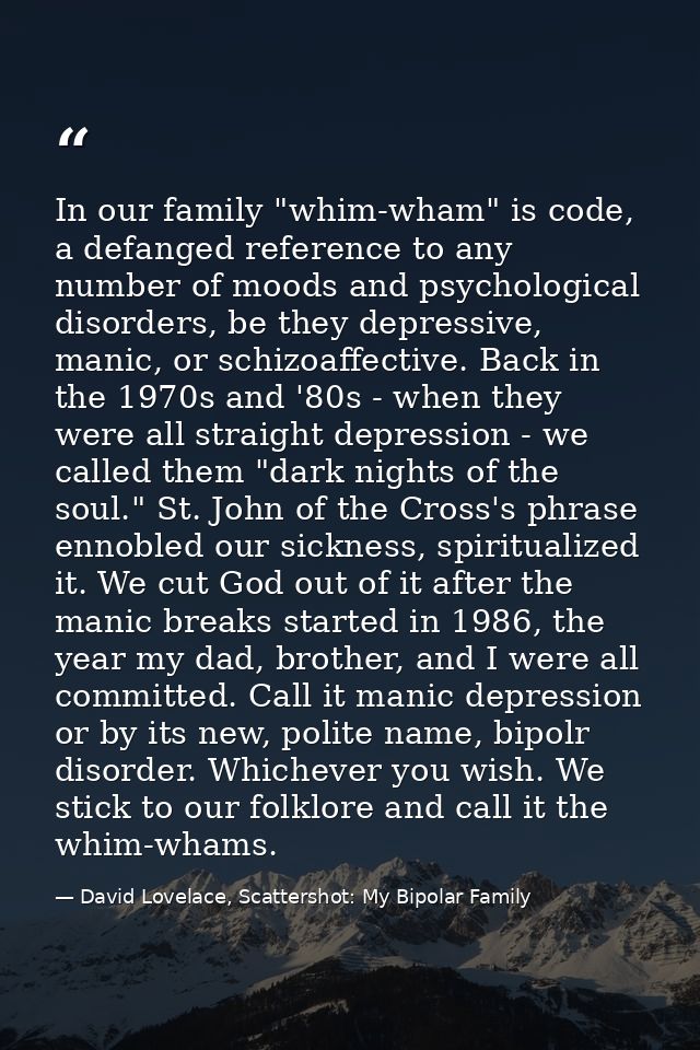 In our family "whim-wham" is code, a defanged reference to any number of moods and psychological disorders, be they depr — David Lovelace, Scattershot: My Bipolar Family