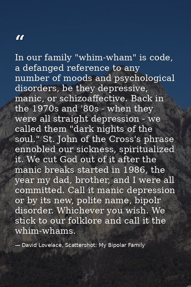 In our family "whim-wham" is code, a defanged reference to any number of moods and psychological disorders, be they depr — David Lovelace, Scattershot: My Bipolar Family