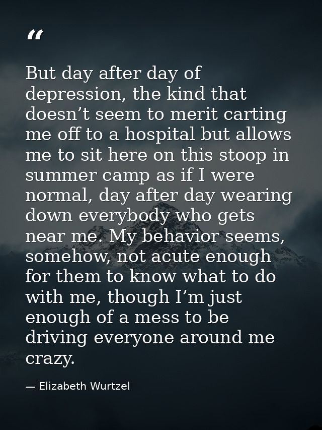 But day after day of depression, the kind that doesn’t seem to merit carting me off to a hospital but allows me to sit h — Elizabeth Wurtzel