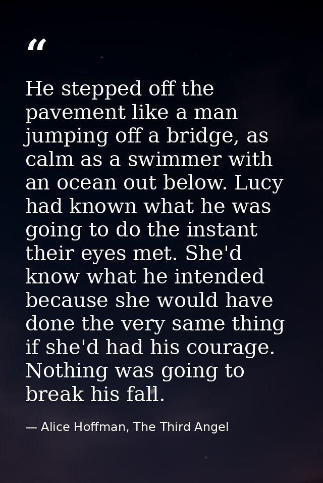 He stepped off the pavement like a man jumping off a bridge, as calm as a swimmer with an ocean out below. Lucy had know — Alice Hoffman, The Third Angel
