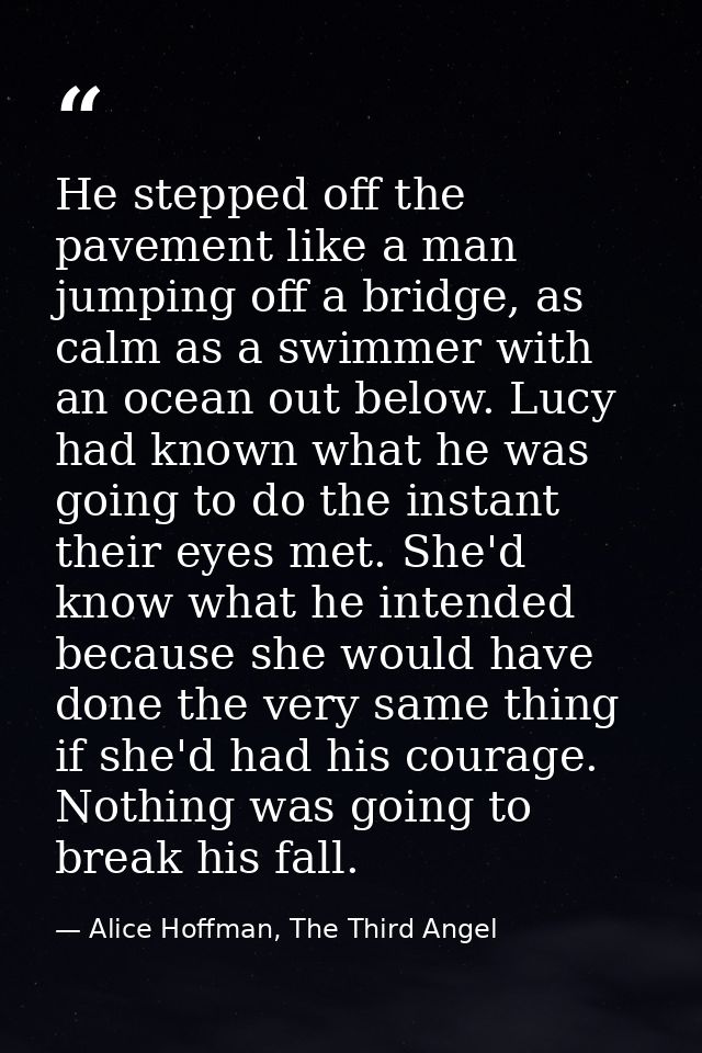 He stepped off the pavement like a man jumping off a bridge, as calm as a swimmer with an ocean out below. Lucy had know — Alice Hoffman, The Third Angel