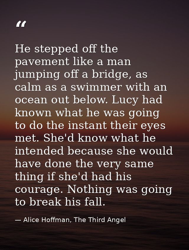 He stepped off the pavement like a man jumping off a bridge, as calm as a swimmer with an ocean out below. Lucy had know — Alice Hoffman, The Third Angel
