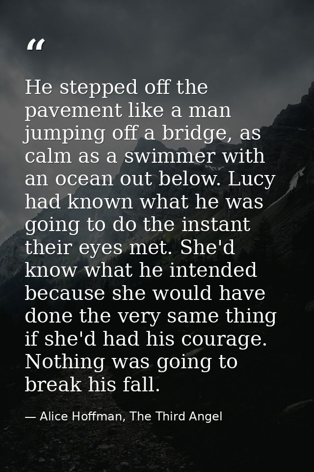 He stepped off the pavement like a man jumping off a bridge, as calm as a swimmer with an ocean out below. Lucy had know — Alice Hoffman, The Third Angel