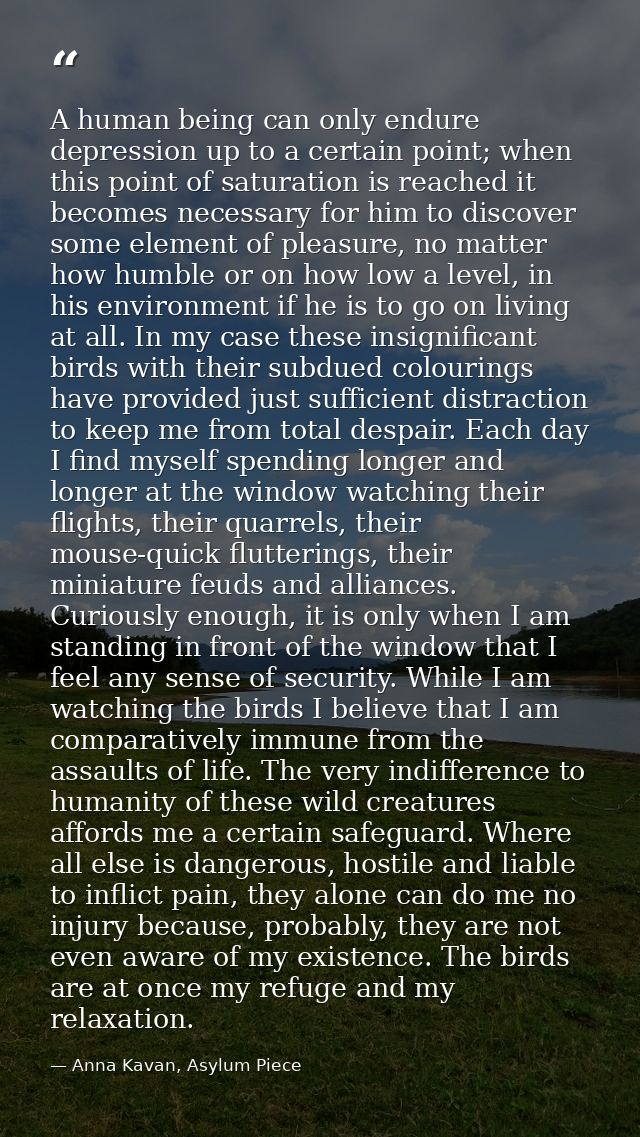 A human being can only endure depression up to a certain point; when this point of saturation is reached it becomes nece — Anna Kavan, Asylum Piece