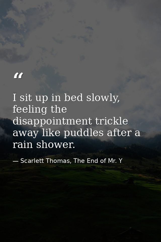 I sit up in bed slowly, feeling the disappointment trickle away like puddles after a rain shower. — Scarlett Thomas, The End of Mr. Y