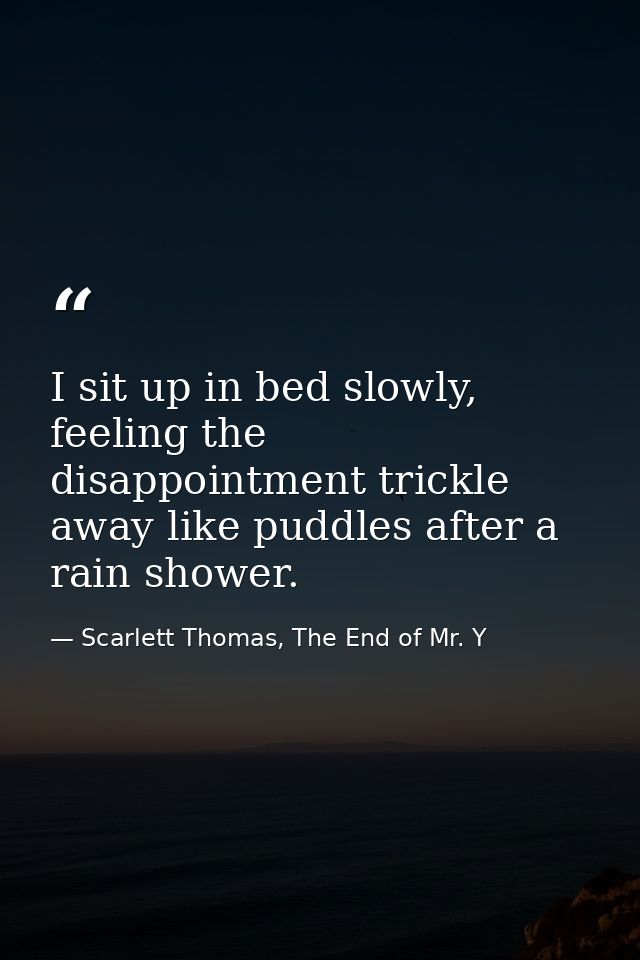 I sit up in bed slowly, feeling the disappointment trickle away like puddles after a rain shower. — Scarlett Thomas, The End of Mr. Y
