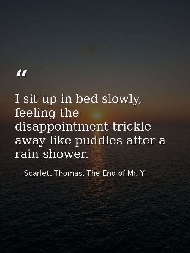 I sit up in bed slowly, feeling the disappointment trickle away like puddles after a rain shower. — Scarlett Thomas, The End of Mr. Y
