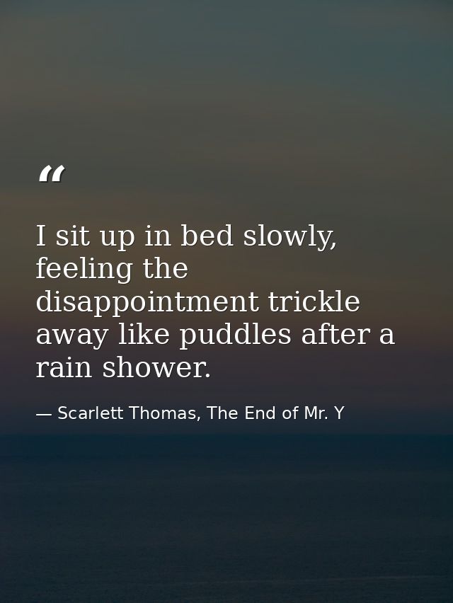 I sit up in bed slowly, feeling the disappointment trickle away like puddles after a rain shower. — Scarlett Thomas, The End of Mr. Y