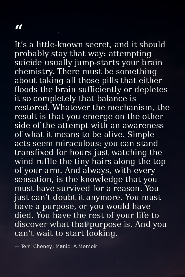 It’s a little-known secret, and it should probably stay that way: attempting suicide usually jump-starts your brain chem — Terri Cheney, Manic: A Memoir