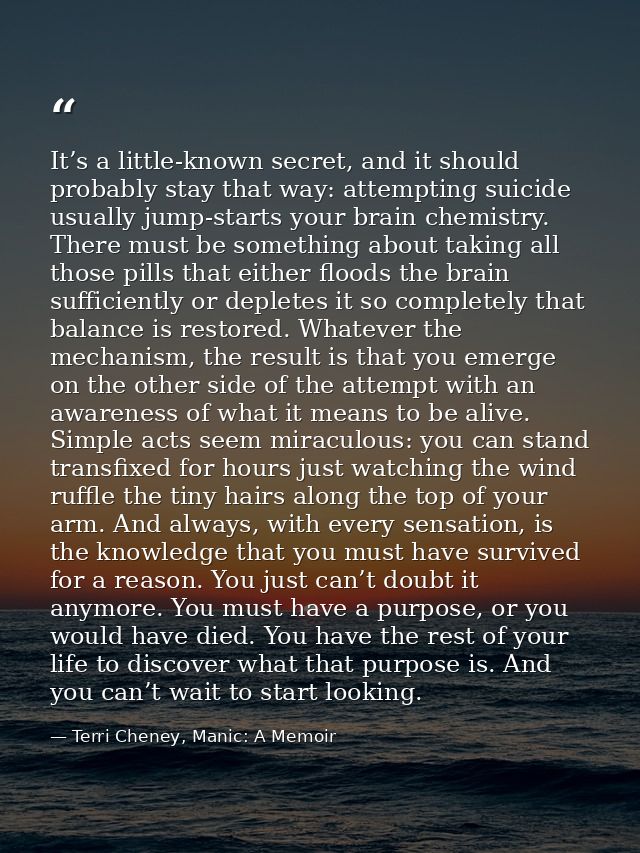 It’s a little-known secret, and it should probably stay that way: attempting suicide usually jump-starts your brain chem — Terri Cheney, Manic: A Memoir