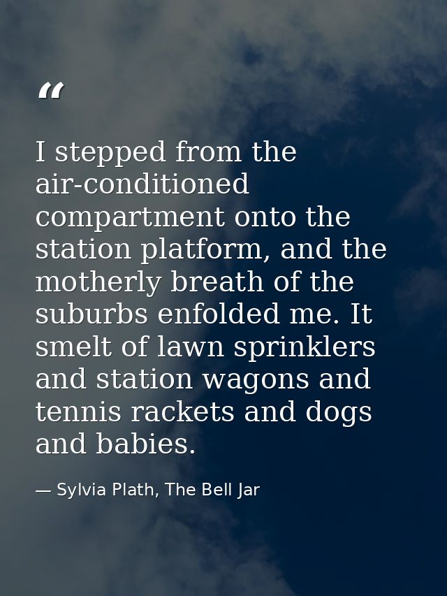 I stepped from the air-conditioned compartment onto the station platform, and the motherly breath of the suburbs enfolde — Sylvia Plath, The Bell Jar