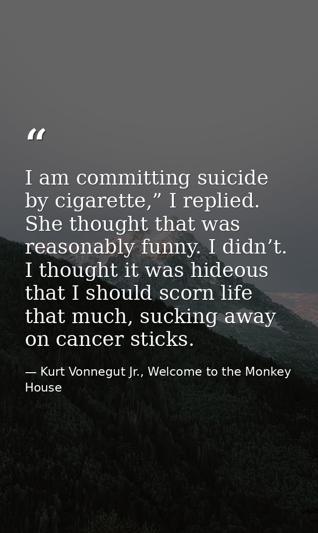 I am committing suicide by cigarette,” I replied. She thought that was reasonably funny. I didn’t. I thought it was hide — Kurt Vonnegut Jr., Welcome to the Monkey House