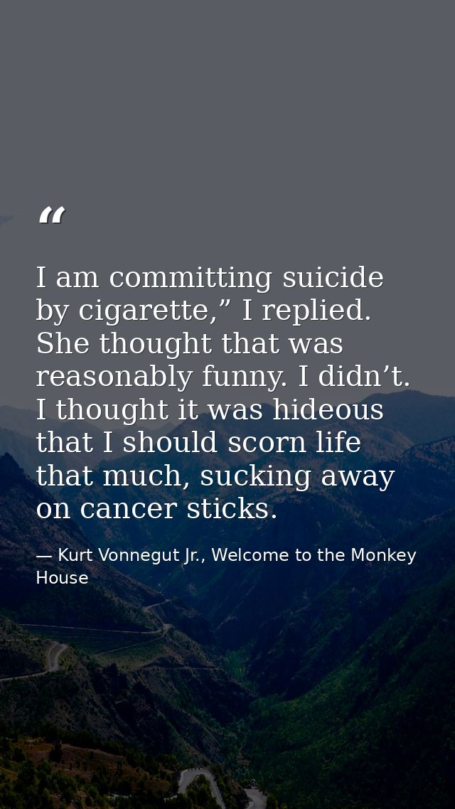 I am committing suicide by cigarette,” I replied. She thought that was reasonably funny. I didn’t. I thought it was hide — Kurt Vonnegut Jr., Welcome to the Monkey House