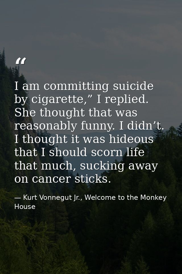 I am committing suicide by cigarette,” I replied. She thought that was reasonably funny. I didn’t. I thought it was hide — Kurt Vonnegut Jr., Welcome to the Monkey House