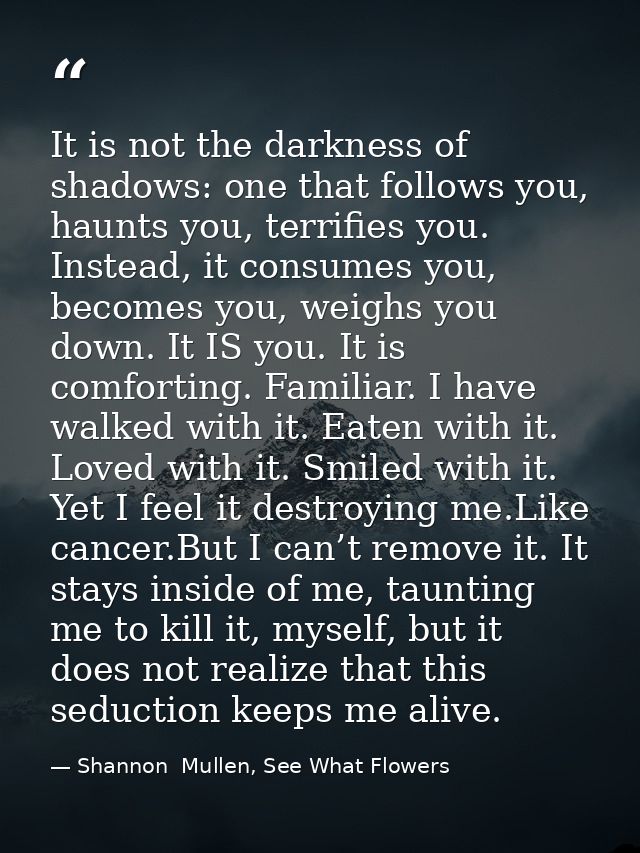 It is not the darkness of shadows: one that follows you, haunts you, terrifies you. Instead, it consumes you, becomes yo — Shannon  Mullen, See What Flowers