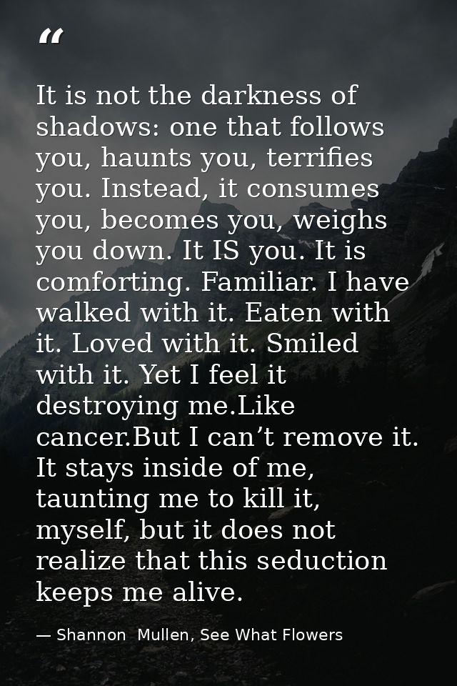It is not the darkness of shadows: one that follows you, haunts you, terrifies you. Instead, it consumes you, becomes yo — Shannon  Mullen, See What Flowers
