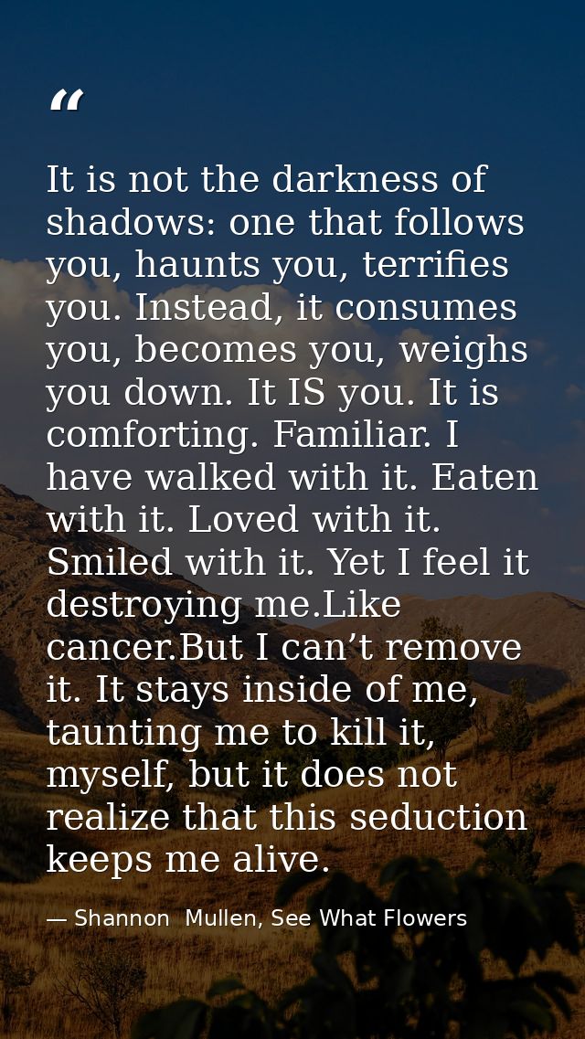 It is not the darkness of shadows: one that follows you, haunts you, terrifies you. Instead, it consumes you, becomes yo — Shannon  Mullen, See What Flowers