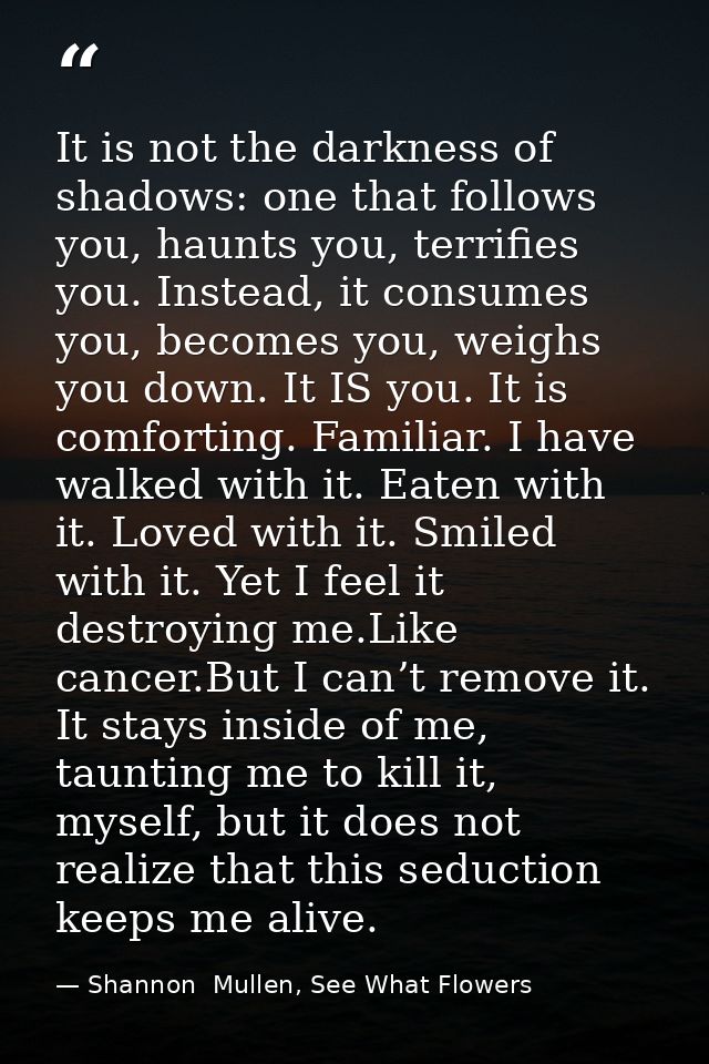 It is not the darkness of shadows: one that follows you, haunts you, terrifies you. Instead, it consumes you, becomes yo — Shannon  Mullen, See What Flowers