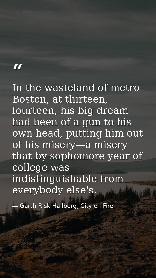 In the wasteland of metro Boston, at thirteen, fourteen, his big dream had been of a gun to his own head, putting him ou — Garth Risk Hallberg, City on Fire
