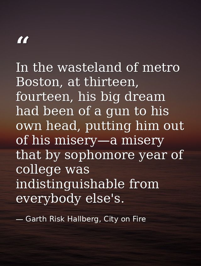 In the wasteland of metro Boston, at thirteen, fourteen, his big dream had been of a gun to his own head, putting him ou — Garth Risk Hallberg, City on Fire