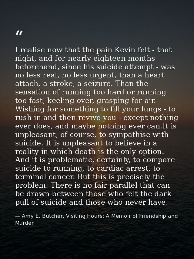 I realise now that the pain Kevin felt - that night, and for nearly eighteen months beforehand, since his suicide attemp — Amy E. Butcher, Visiting Hours: A Memoir of Friendship and Murder