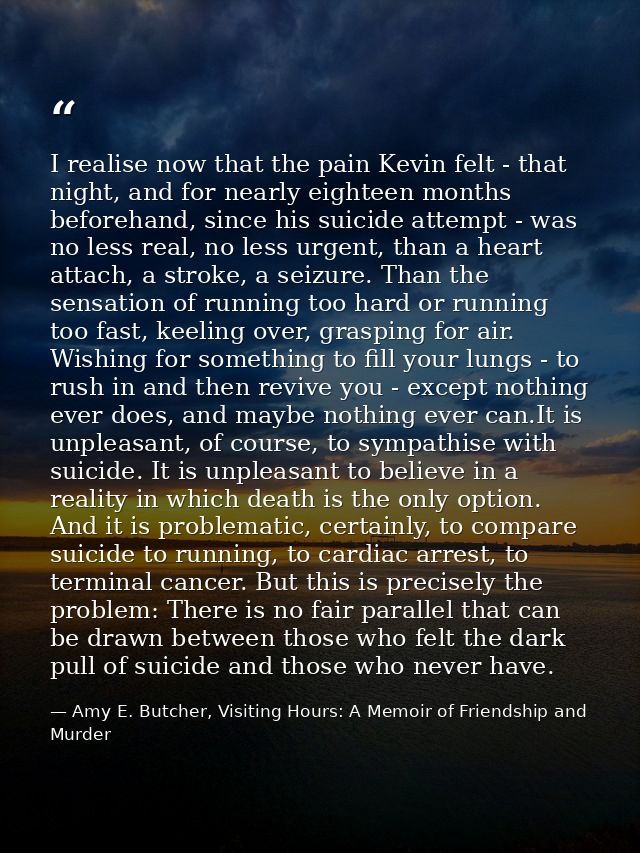 I realise now that the pain Kevin felt - that night, and for nearly eighteen months beforehand, since his suicide attemp — Amy E. Butcher, Visiting Hours: A Memoir of Friendship and Murder