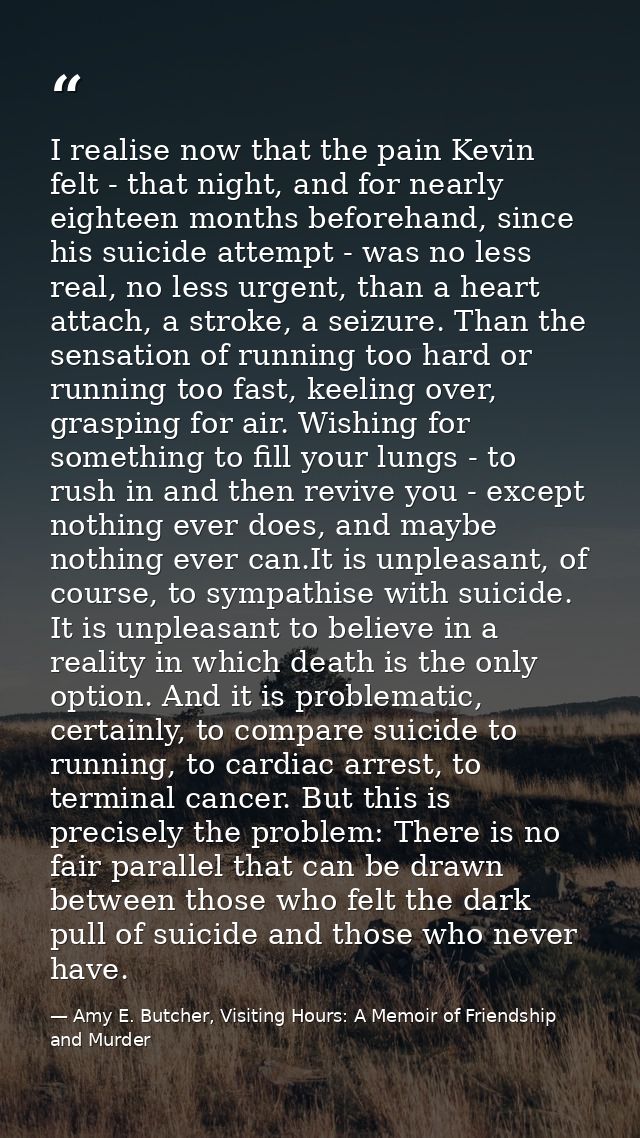 I realise now that the pain Kevin felt - that night, and for nearly eighteen months beforehand, since his suicide attemp — Amy E. Butcher, Visiting Hours: A Memoir of Friendship and Murder