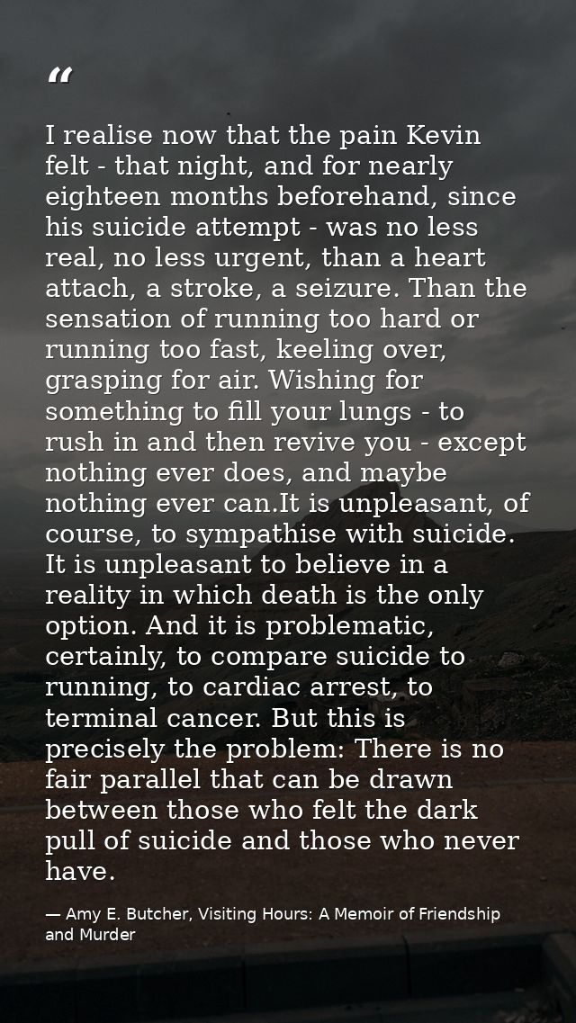 I realise now that the pain Kevin felt - that night, and for nearly eighteen months beforehand, since his suicide attemp — Amy E. Butcher, Visiting Hours: A Memoir of Friendship and Murder