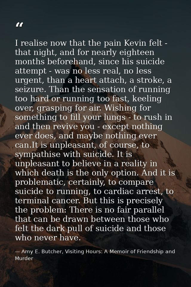 I realise now that the pain Kevin felt - that night, and for nearly eighteen months beforehand, since his suicide attemp — Amy E. Butcher, Visiting Hours: A Memoir of Friendship and Murder