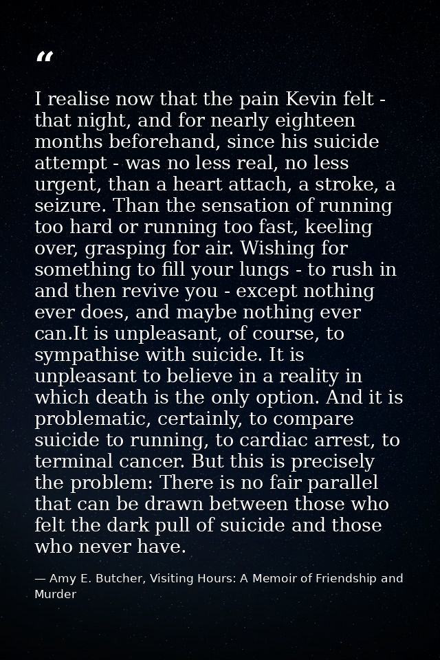 I realise now that the pain Kevin felt - that night, and for nearly eighteen months beforehand, since his suicide attemp — Amy E. Butcher, Visiting Hours: A Memoir of Friendship and Murder