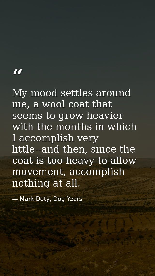 My mood settles around me, a wool coat that seems to grow heavier with the months in which I accomplish very little--and — Mark Doty, Dog Years