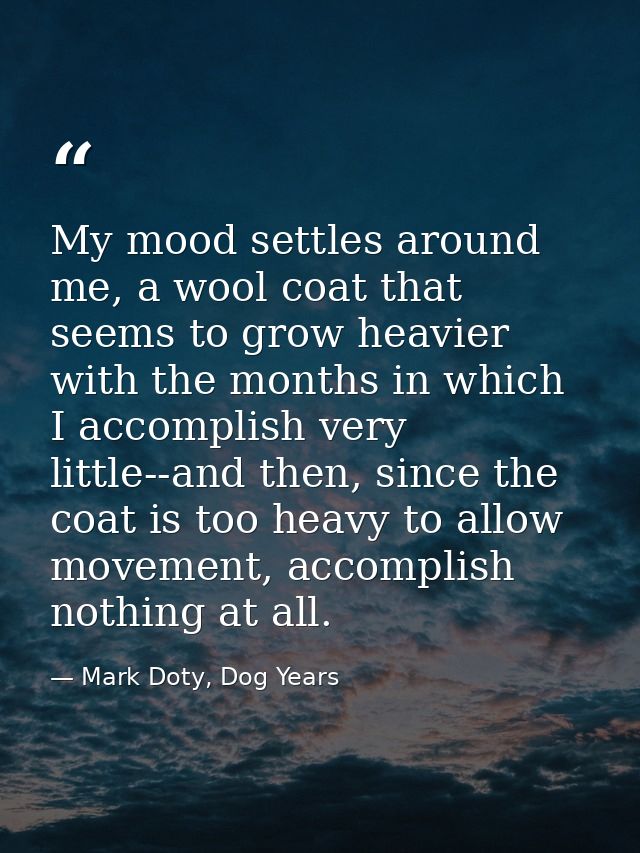 My mood settles around me, a wool coat that seems to grow heavier with the months in which I accomplish very little--and — Mark Doty, Dog Years