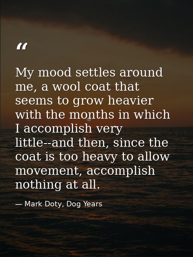 My mood settles around me, a wool coat that seems to grow heavier with the months in which I accomplish very little--and — Mark Doty, Dog Years