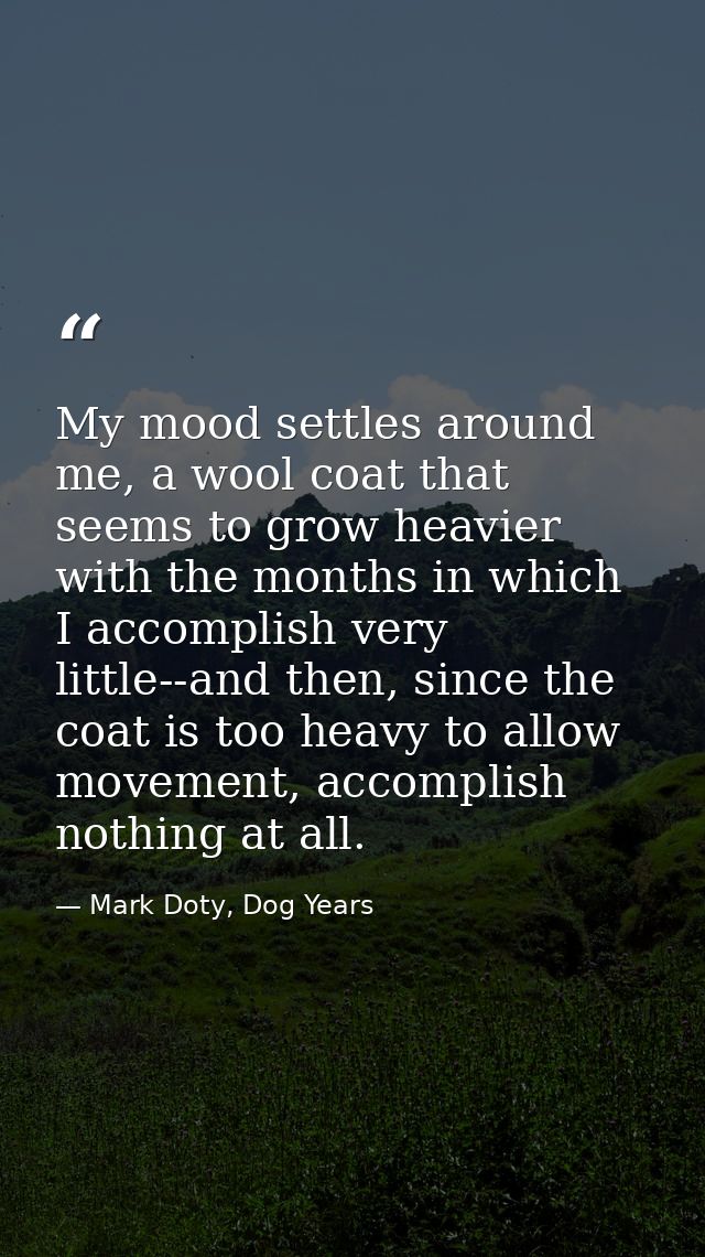 My mood settles around me, a wool coat that seems to grow heavier with the months in which I accomplish very little--and — Mark Doty, Dog Years