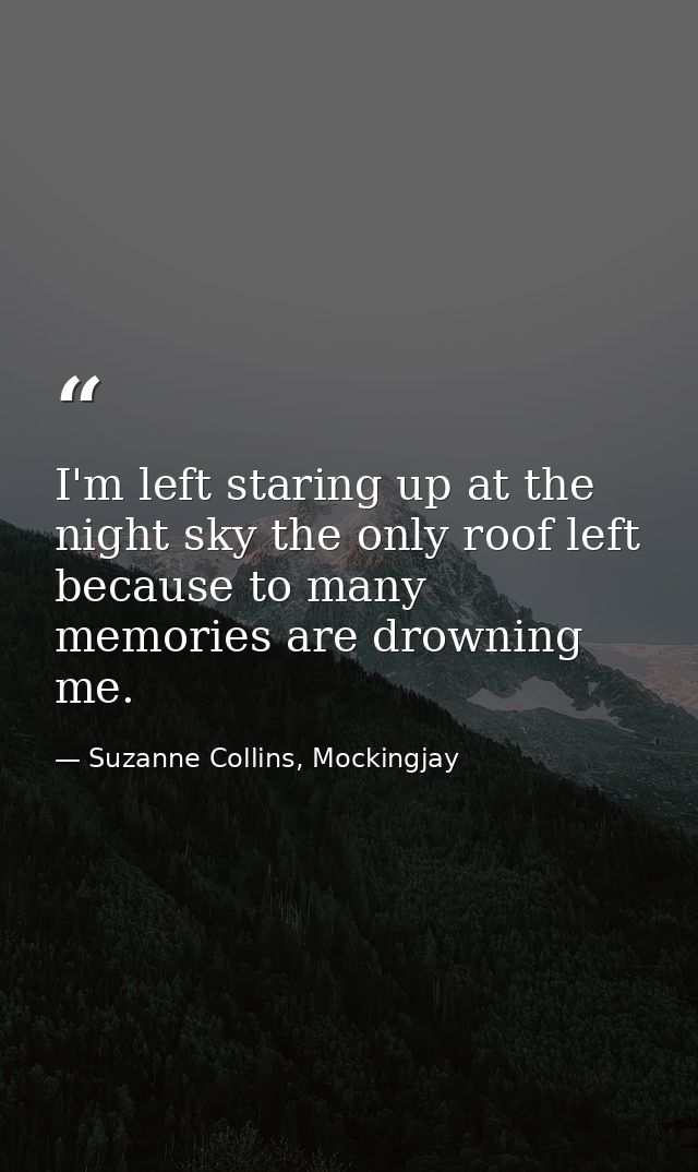 I'm left staring up at the night sky the only roof left because to many memories are drowning me. — Suzanne Collins, Mockingjay