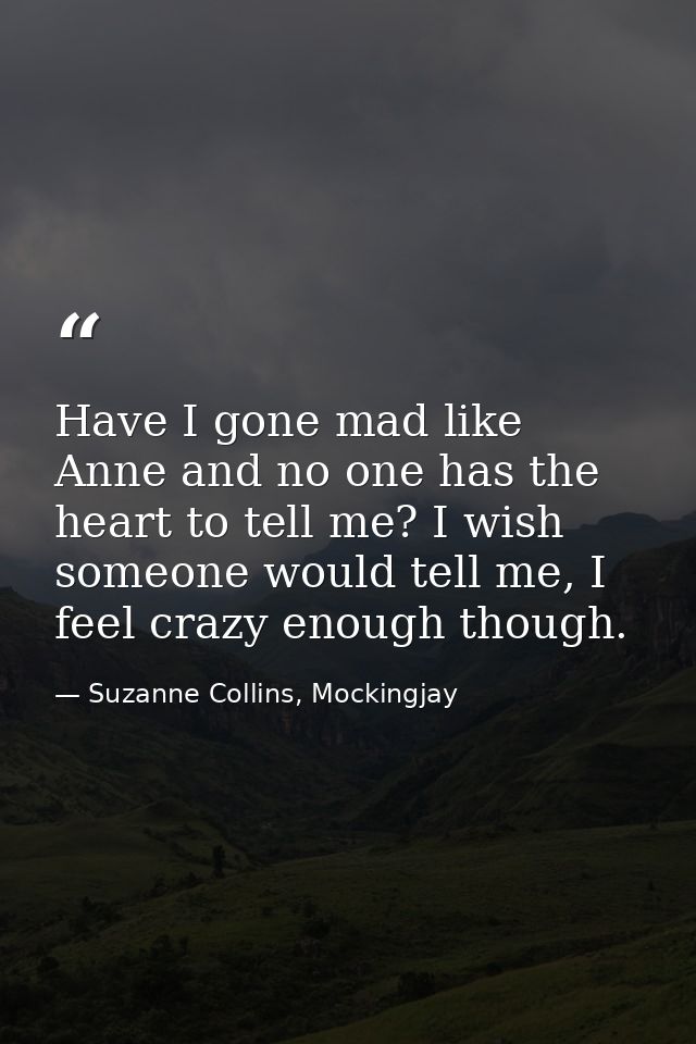 Have I gone mad like Anne and no one has the heart to tell me? I wish someone would tell me, I feel crazy enough though. — Suzanne Collins, Mockingjay