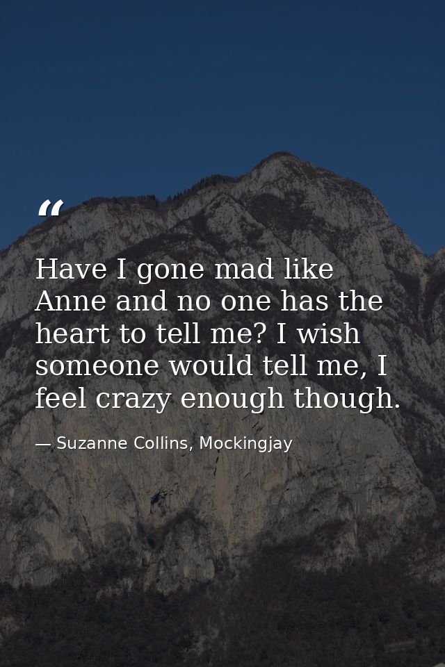 Have I gone mad like Anne and no one has the heart to tell me? I wish someone would tell me, I feel crazy enough though. — Suzanne Collins, Mockingjay