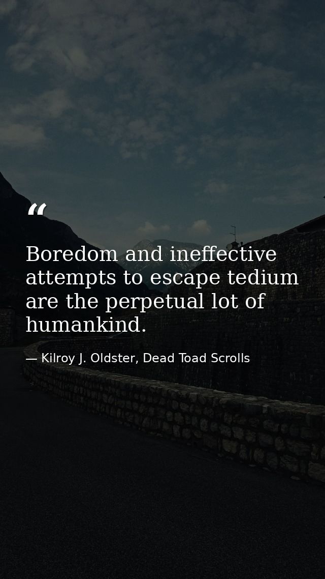 Boredom and ineffective attempts to escape tedium are the perpetual lot of humankind. — Kilroy J. Oldster, Dead Toad Scrolls