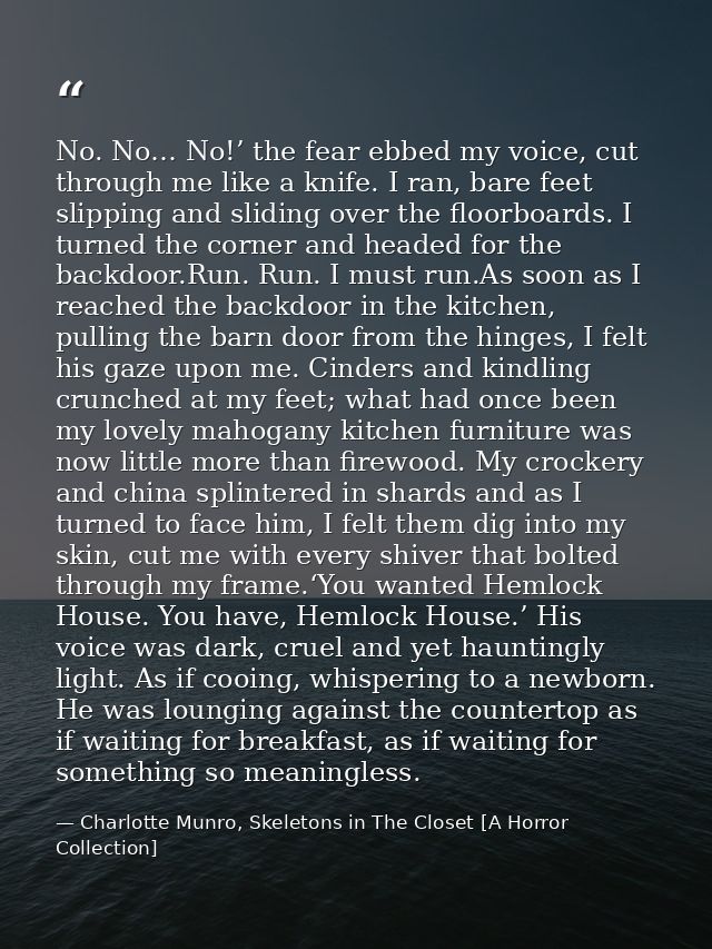 No. No… No!’ the fear ebbed my voice, cut through me like a knife. I ran, bare feet slipping and sliding over the floorb — Charlotte Munro, Skeletons in The Closet [A Horror Collection]