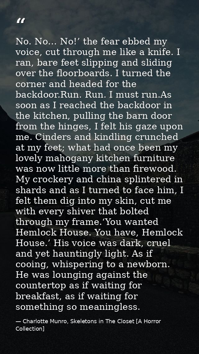No. No… No!’ the fear ebbed my voice, cut through me like a knife. I ran, bare feet slipping and sliding over the floorb — Charlotte Munro, Skeletons in The Closet [A Horror Collection]