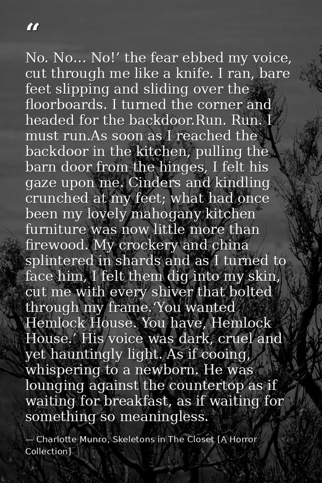 No. No… No!’ the fear ebbed my voice, cut through me like a knife. I ran, bare feet slipping and sliding over the floorb — Charlotte Munro, Skeletons in The Closet [A Horror Collection]