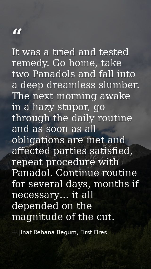 It was a tried and tested remedy. Go home, take two Panadols and fall into a deep dreamless slumber. The next morning aw — Jinat Rehana Begum, First Fires