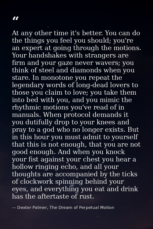 At any other time it's better. You can do the things you feel you should; you're an expert at going through the motions. — Dexter Palmer, The Dream of Perpetual Motion